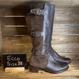 Womens Ecco Brown Leather Buckle Knee High Riding Boots Size 38 US 7-7.5‎ M GUC